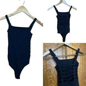 Lulu's Black Ladder Caged Bodysuit XXS Square Neck Sleeveless Ribbed Cutout